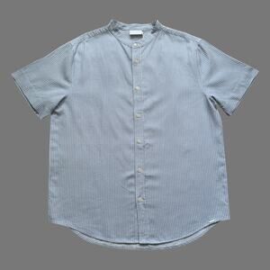 Cozy Earth Mens Coastal Comfort Mock Neck SS Button Down Ocean Stripe Size XL